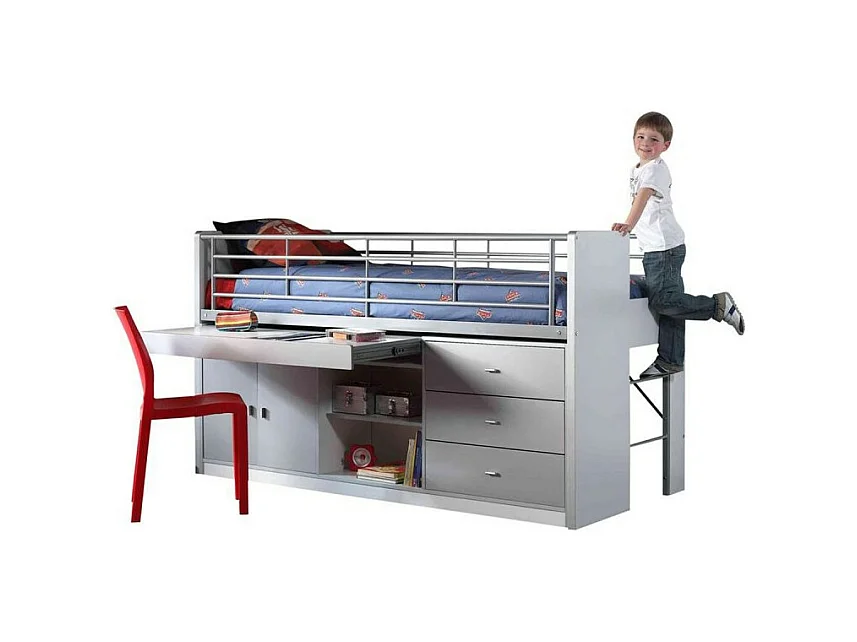 Cama combinada 90x200 cm con somier 1 escritorio 3 cajones madera blanca y gris Bonny