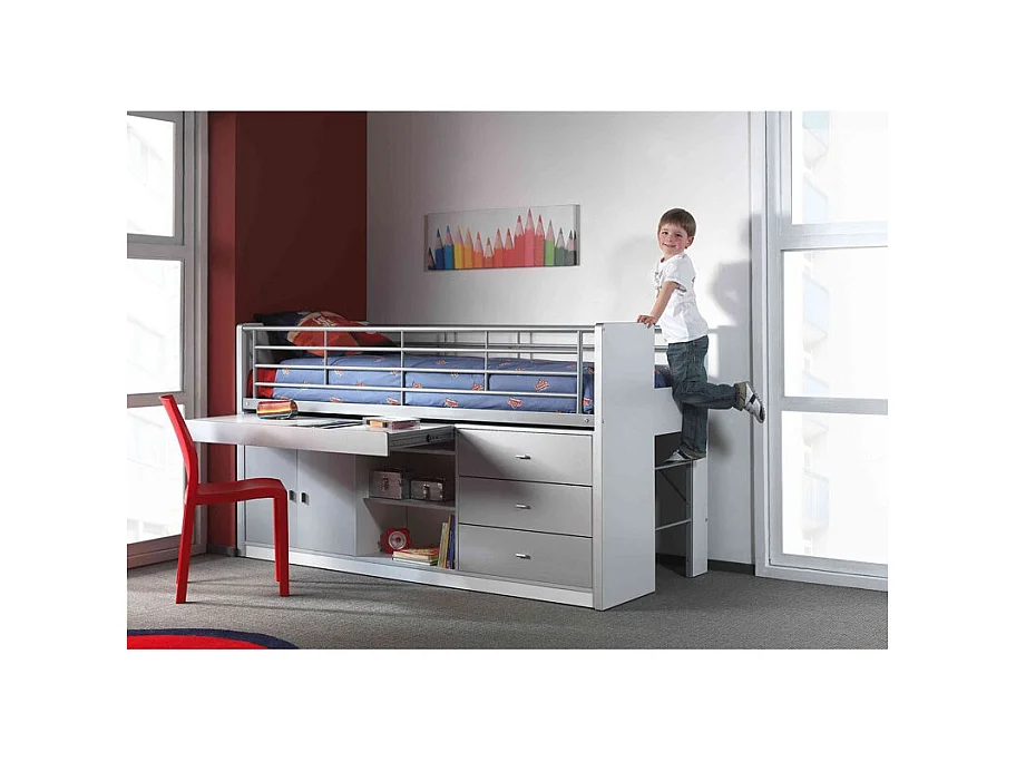 Cama combinada 90x200 cm con somier 1 escritorio 3 cajones madera blanca y gris Bonny