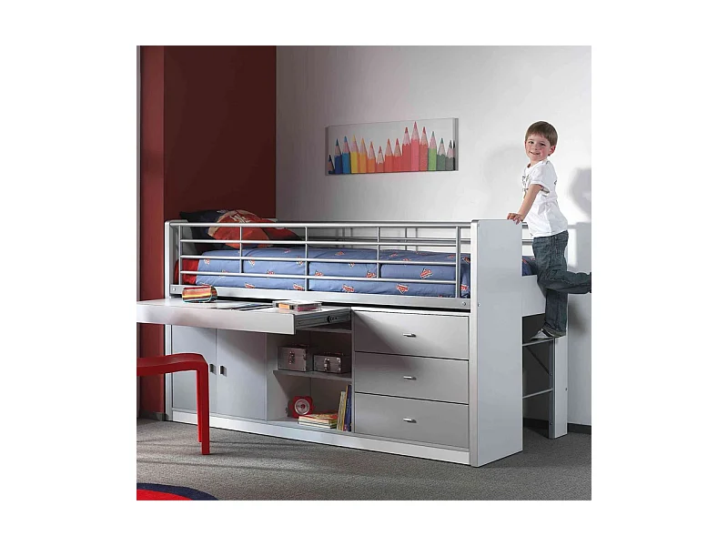 Cama combinada 90x200 cm con somier 1 escritorio 3 cajones madera blanca y gris Bonny