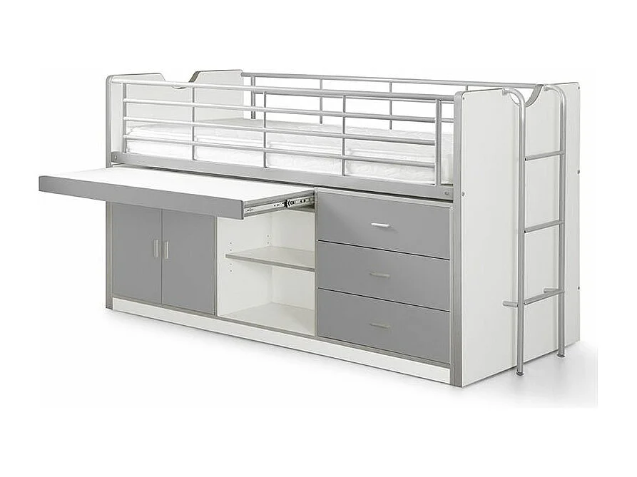 Gecombineerd bed 90x200 cm met boxspring 1 bureau 3 laden wit en grijs hout Bonny