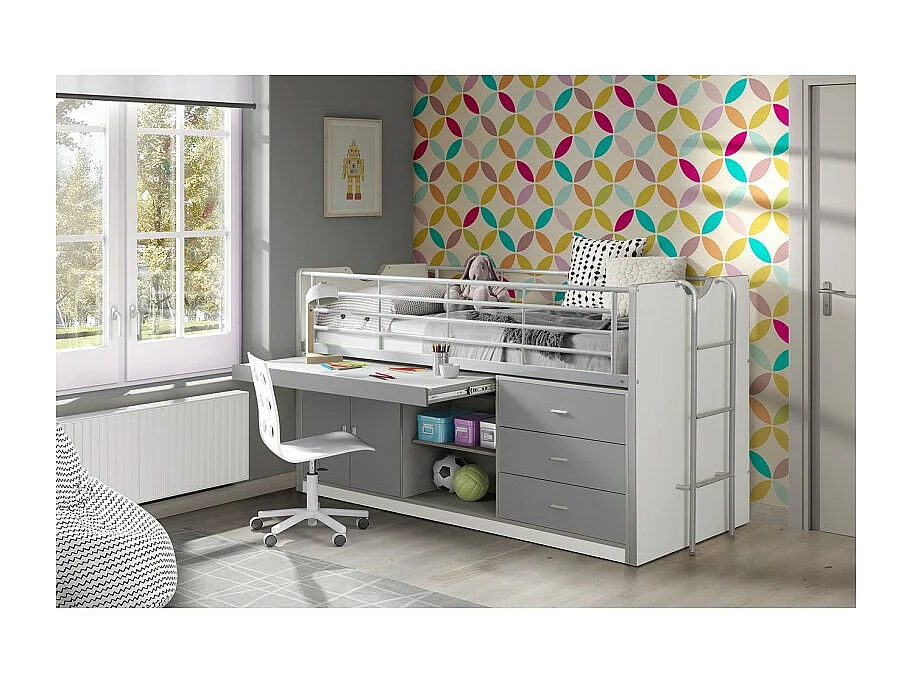Gecombineerd bed 90x200 cm met boxspring 1 bureau 3 laden wit en grijs hout Bonny
