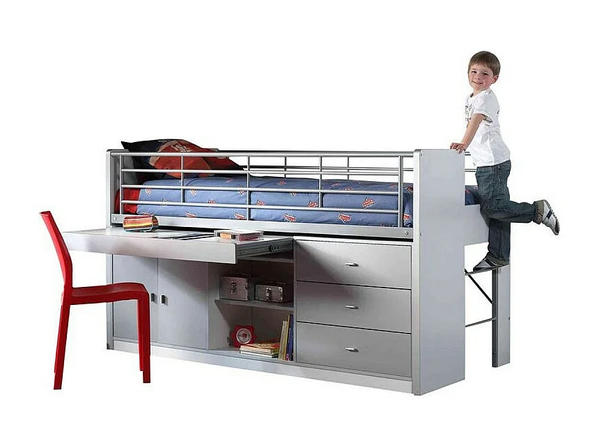 Gecombineerd bed 90x200 cm met boxspring 1 bureau 3 laden wit en grijs hout Bonny