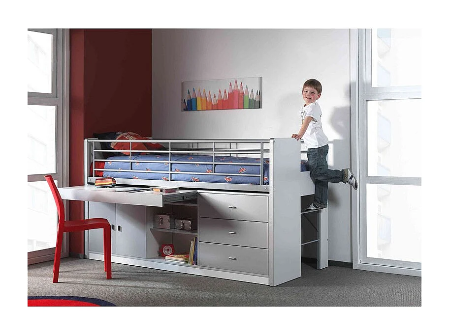 Gecombineerd bed 90x200 cm met boxspring 1 bureau 3 laden wit en grijs hout Bonny