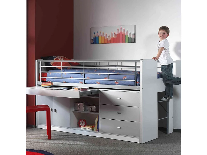 Gecombineerd bed 90x200 cm met boxspring 1 bureau 3 laden wit en grijs hout Bonny