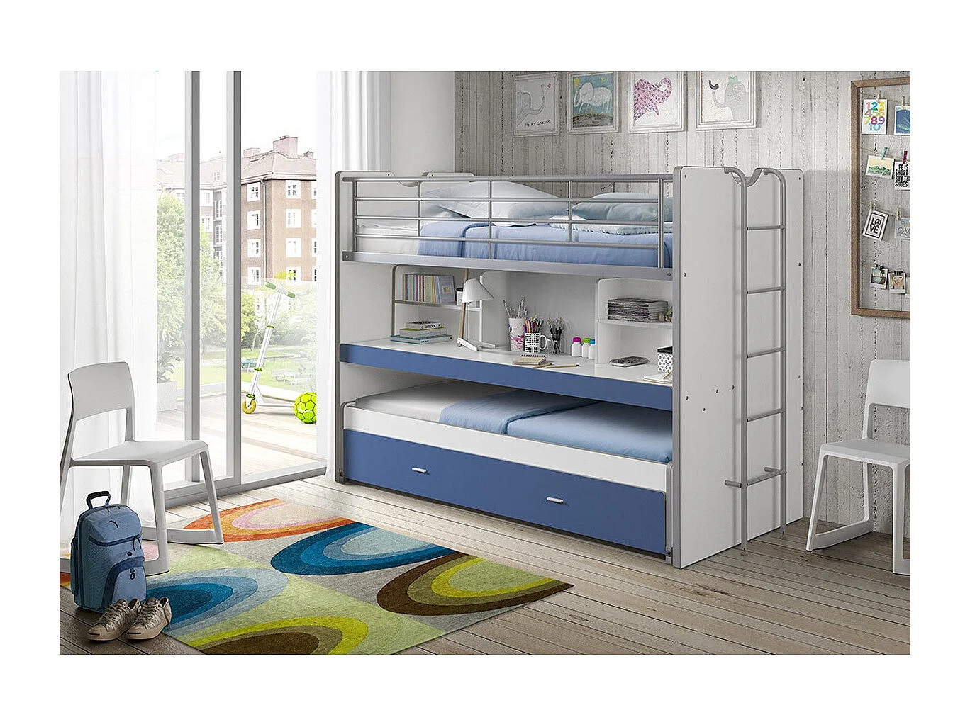 Bonny Litera 3 plazas 90x200 cm madera blanca y azul