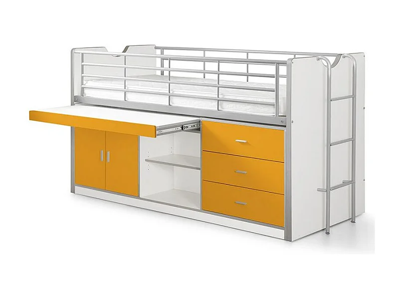 Gecombineerd bed 90x200 cm met boxspring 1 bureau 3 laden wit en oranje hout Bonny