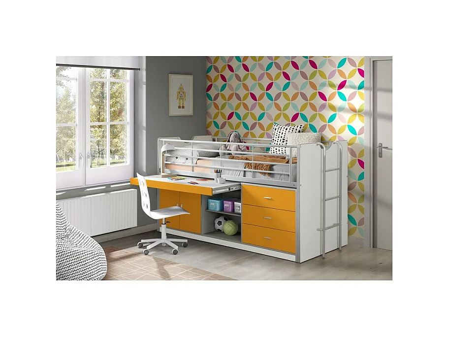 Cama combinada 90x200 cm con somier 1 escritorio 3 cajones madera blanca y naranja Bonny