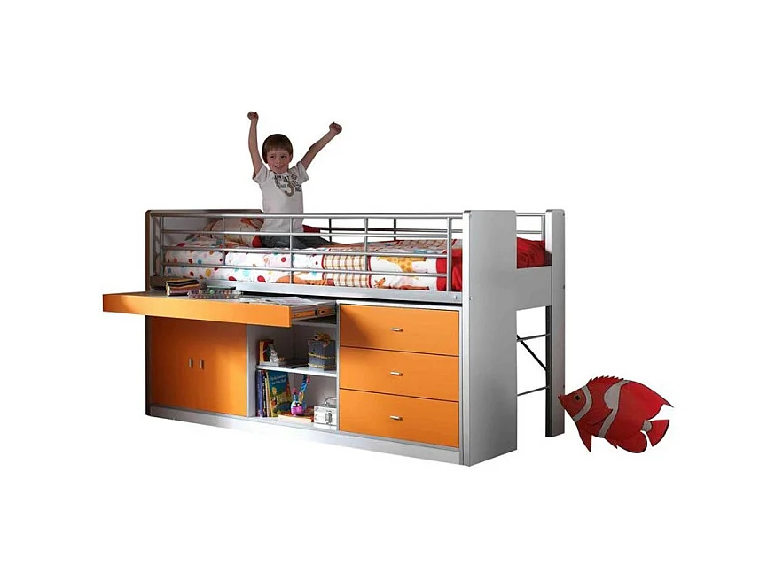 Cama combinada 90x200 cm con somier 1 escritorio 3 cajones madera blanca y naranja Bonny