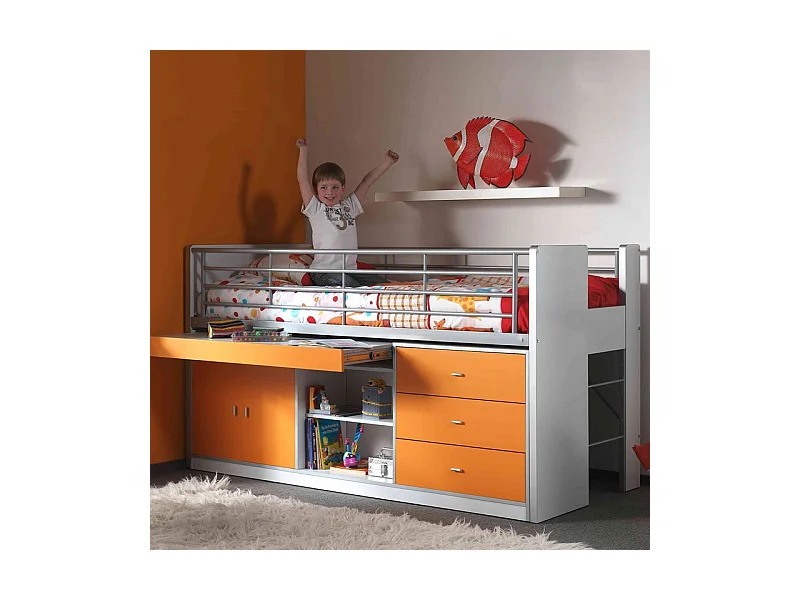 Cama combinada 90x200 cm con somier 1 escritorio 3 cajones madera blanca y naranja Bonny