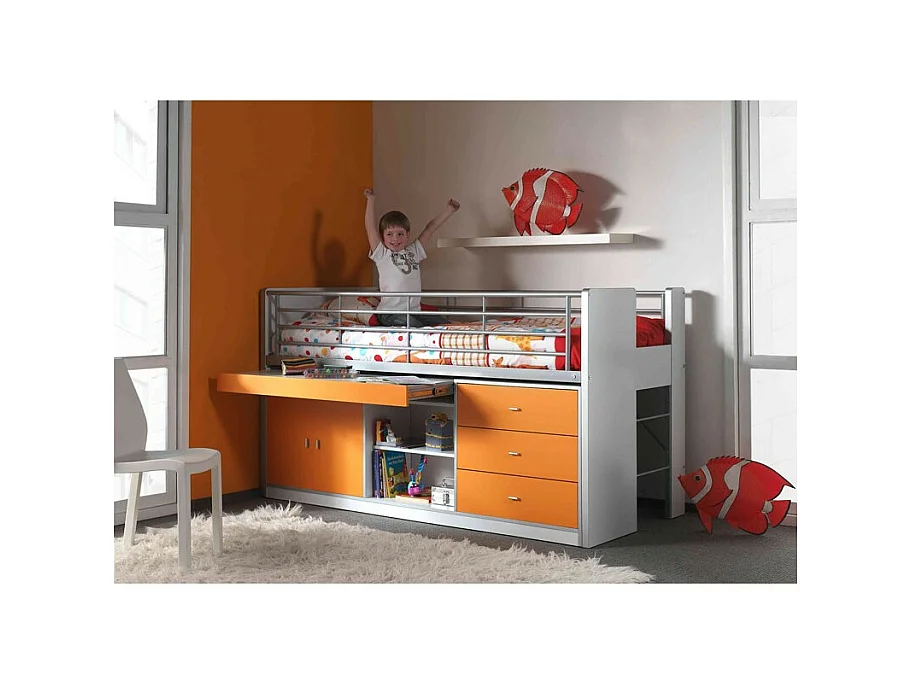 Cama combinada 90x200 cm con somier 1 escritorio 3 cajones madera blanca y naranja Bonny