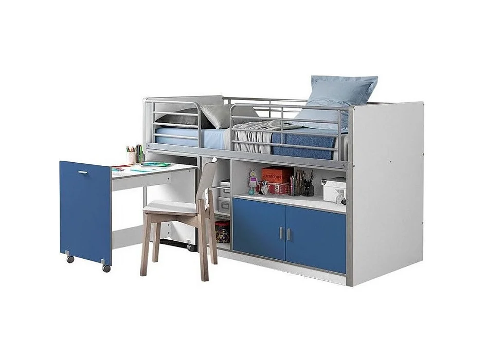 Gecombineerd bed 90x200 cm met boxspring 1 bureau 2 deuren wit en blauw hout Bonny