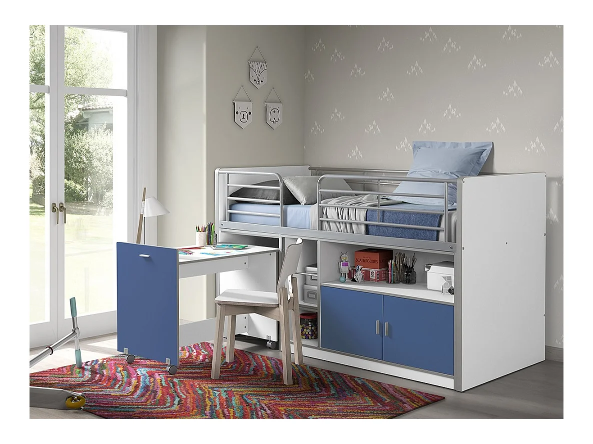 Gecombineerd bed 90x200 cm met boxspring 1 bureau 2 deuren wit en blauw hout Bonny
