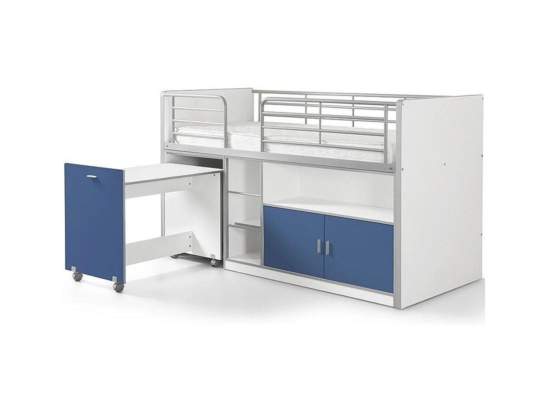 Gecombineerd bed 90x200 cm met boxspring 1 bureau 2 deuren wit en blauw hout Bonny