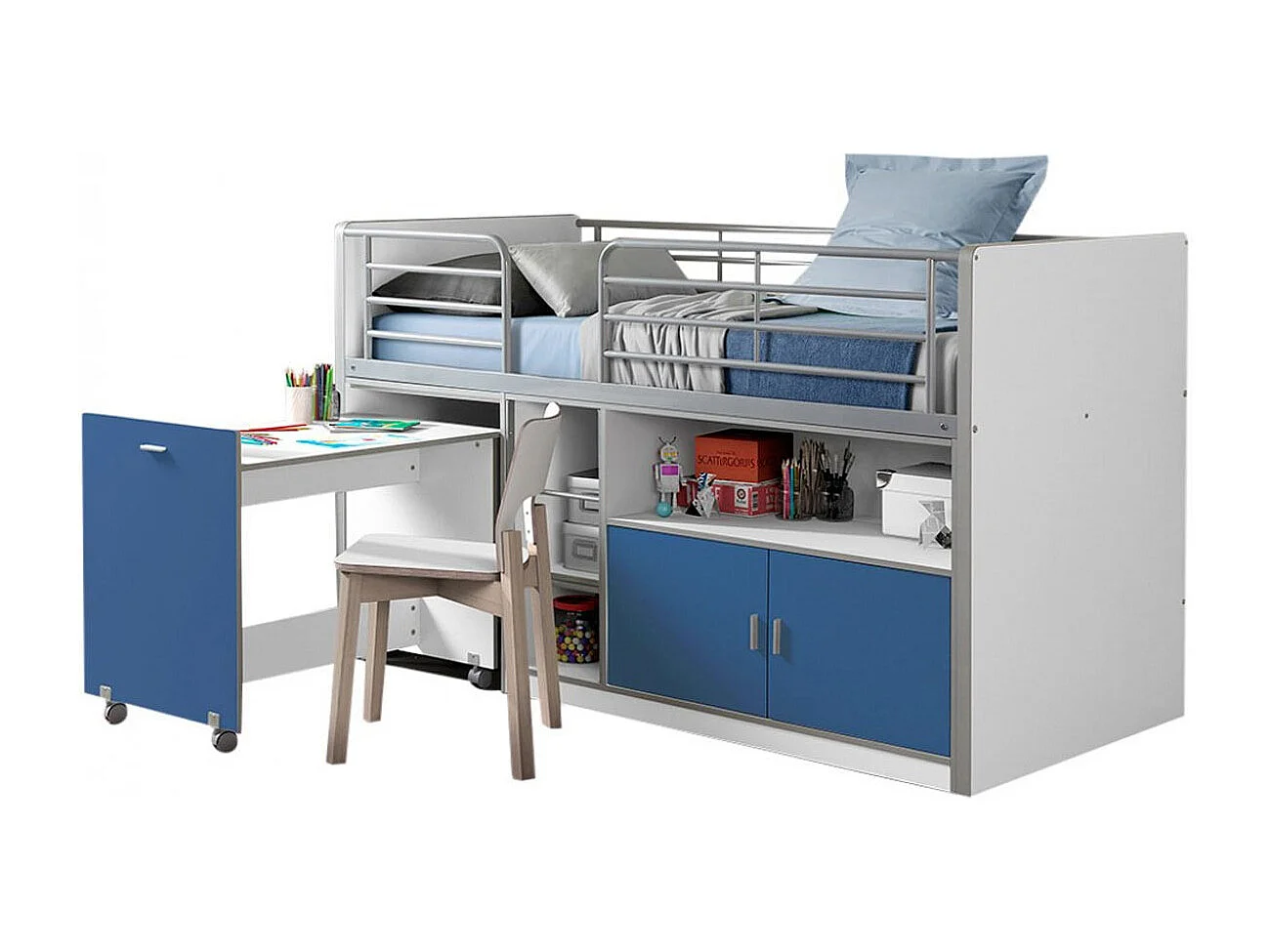 Gecombineerd bed 90x200 cm met boxspring 1 bureau 2 deuren wit en blauw hout Bonny
