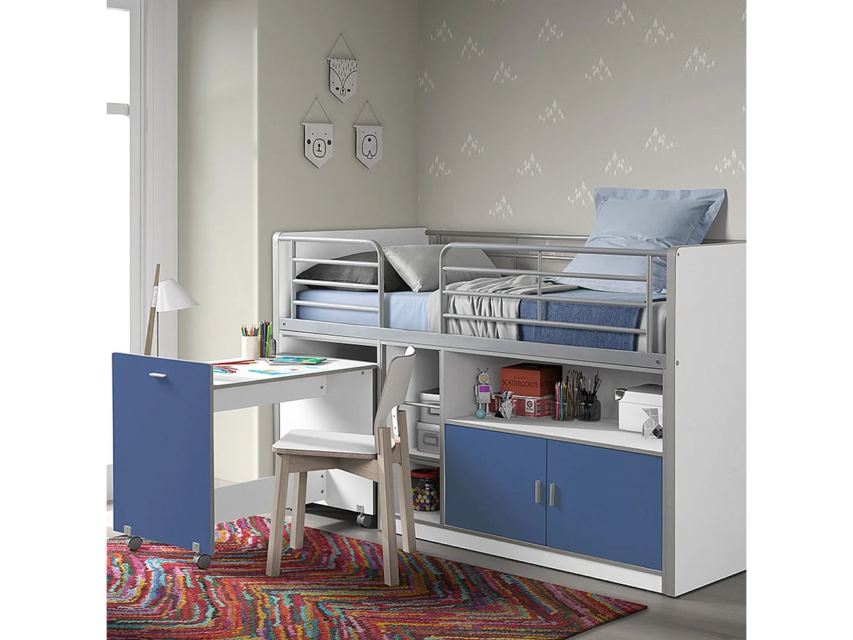 Gecombineerd bed 90x200 cm met boxspring 1 bureau 2 deuren wit en blauw hout Bonny