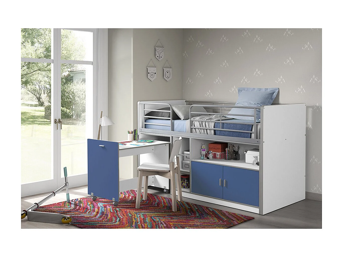 Gecombineerd bed 90x200 cm met boxspring 1 bureau 2 deuren wit en blauw hout Bonny