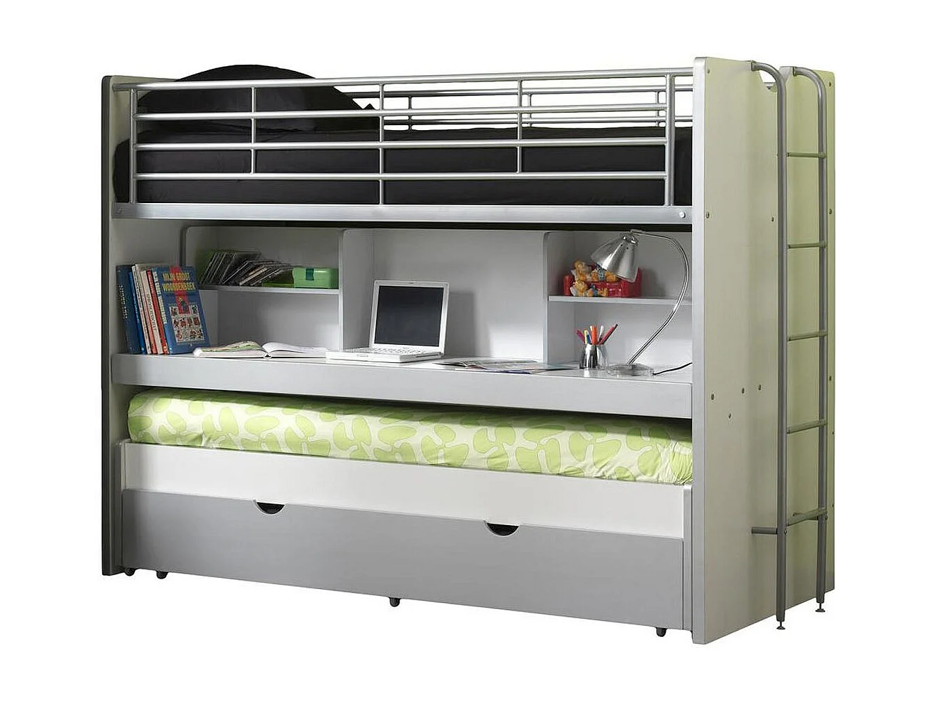 Litera 3 plazas 90x200 cm madera blanca y gris Bonny