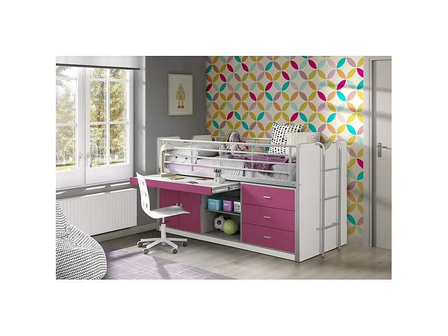 Cama combinada 90x200 cm con somier 1 escritorio 3 cajones madera blanco y fucsia Bonny