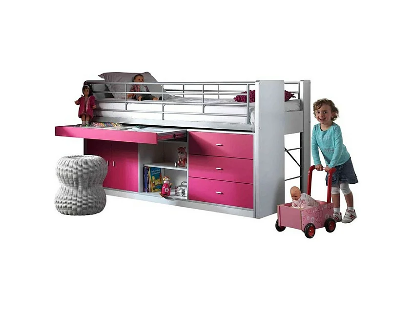 Cama combinada 90x200 cm con somier 1 escritorio 3 cajones madera blanco y fucsia Bonny