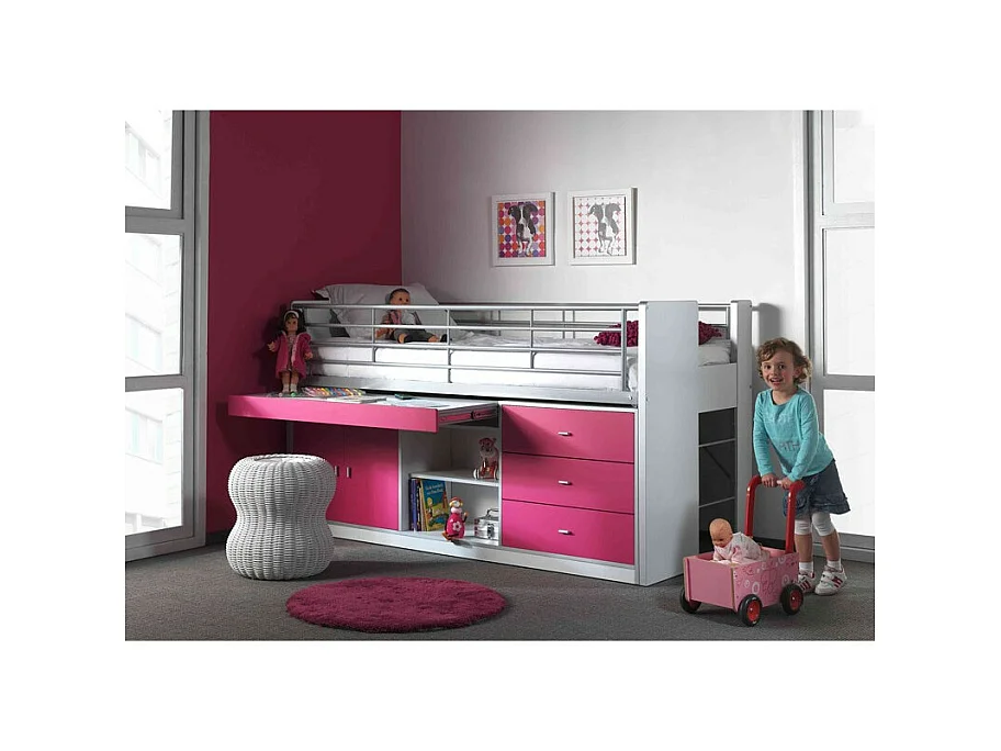 Cama combinada 90x200 cm con somier 1 escritorio 3 cajones madera blanco y fucsia Bonny