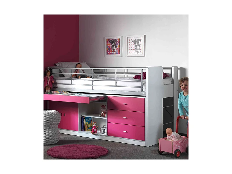 Cama combinada 90x200 cm con somier 1 escritorio 3 cajones madera blanco y fucsia Bonny
