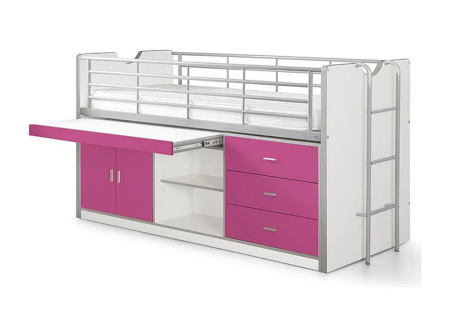 Gecombineerd bed 90x200 cm met boxspring 1 bureau 3 lades wit en fuchsia hout Bonny
