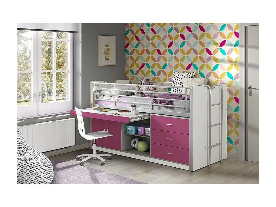 Gecombineerd bed 90x200 cm met boxspring 1 bureau 3 lades wit en fuchsia hout Bonny