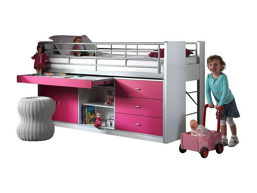 Gecombineerd bed 90x200 cm met boxspring 1 bureau 3 lades wit en fuchsia hout Bonny