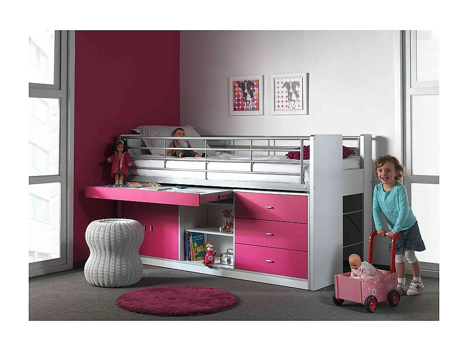 Gecombineerd bed 90x200 cm met boxspring 1 bureau 3 lades wit en fuchsia hout Bonny