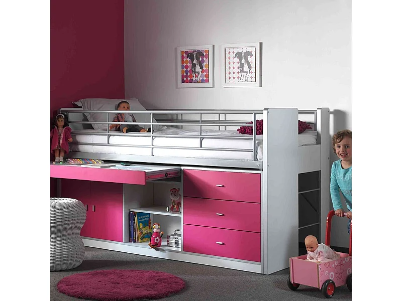 Gecombineerd bed 90x200 cm met boxspring 1 bureau 3 lades wit en fuchsia hout Bonny