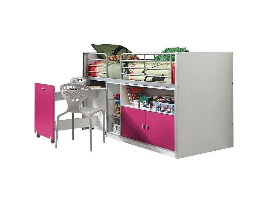 Gecombineerd bed 90x200 cm met boxspring 1 bureau 2 deuren wit en fuchsia hout Bonny