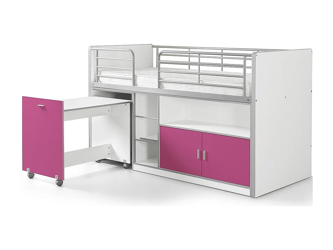 Gecombineerd bed 90x200 cm met boxspring 1 bureau 2 deuren wit en fuchsia hout Bonny