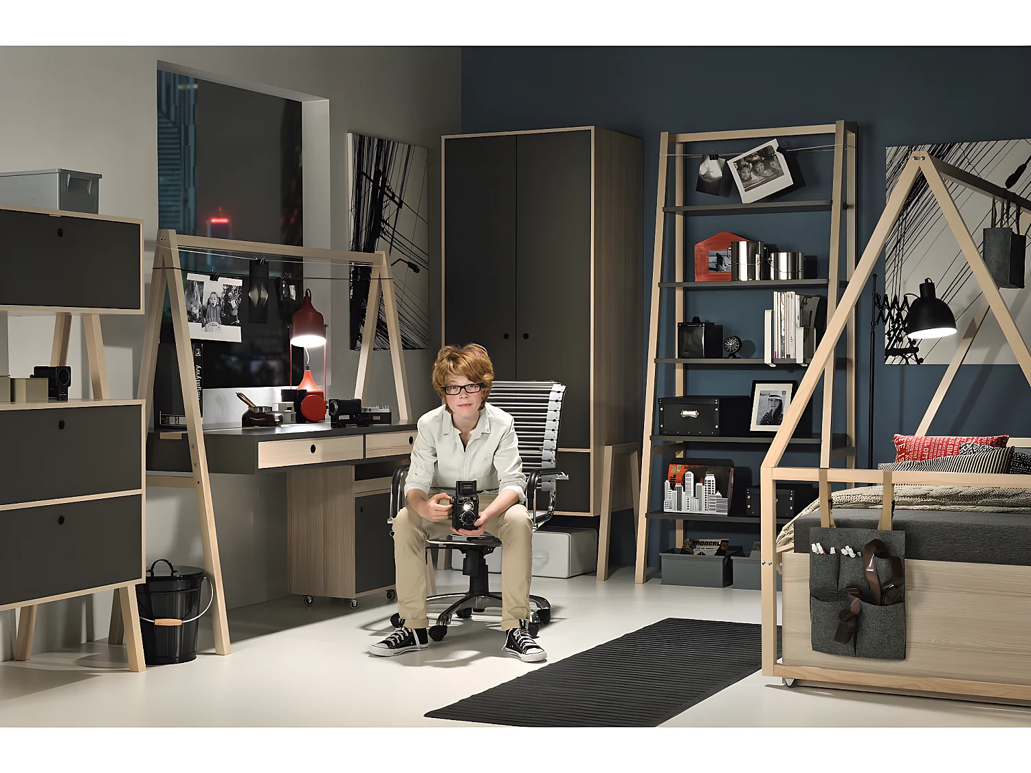 Lit 90x200cm avec lit gigogne Spot Acacia et Blanc