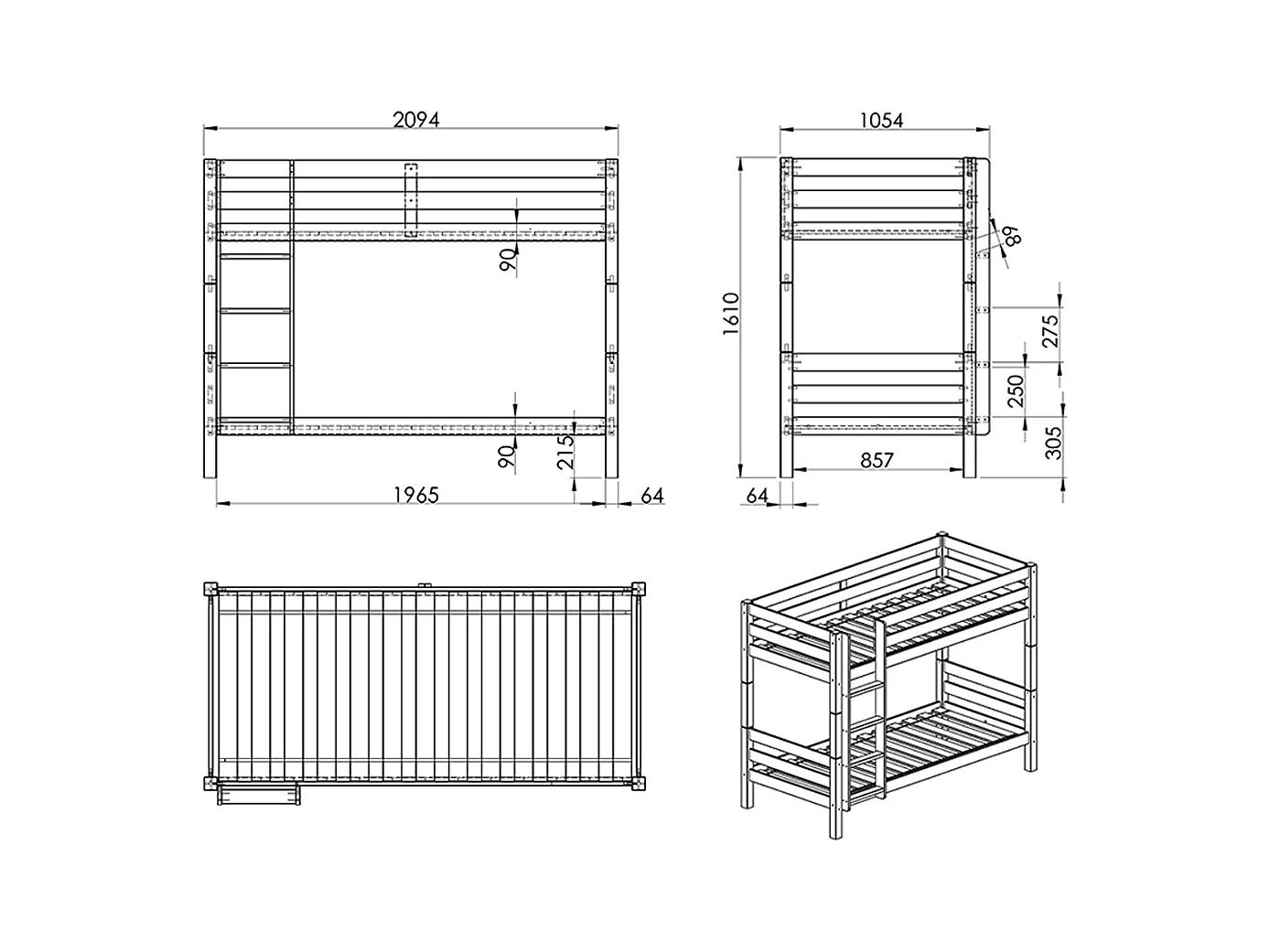 Letto a castello 90x200 Altezza 160 cm Molla inclusa Vipack Pino - Bianco