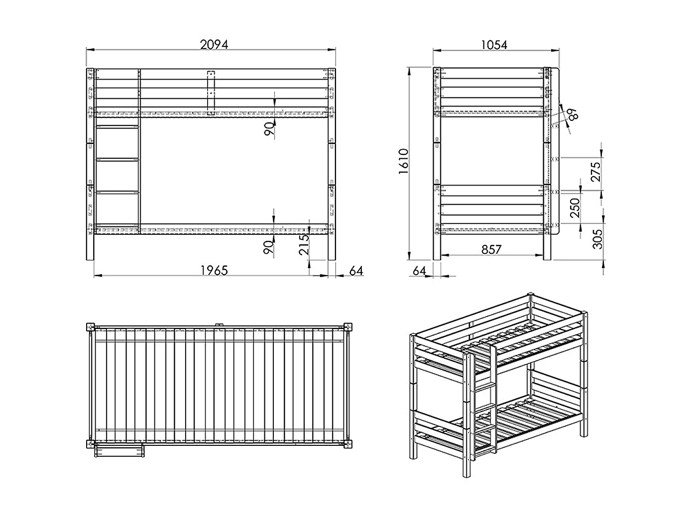 Lit Superposé Enfant Bois "Pino" 90x200cm Blanc