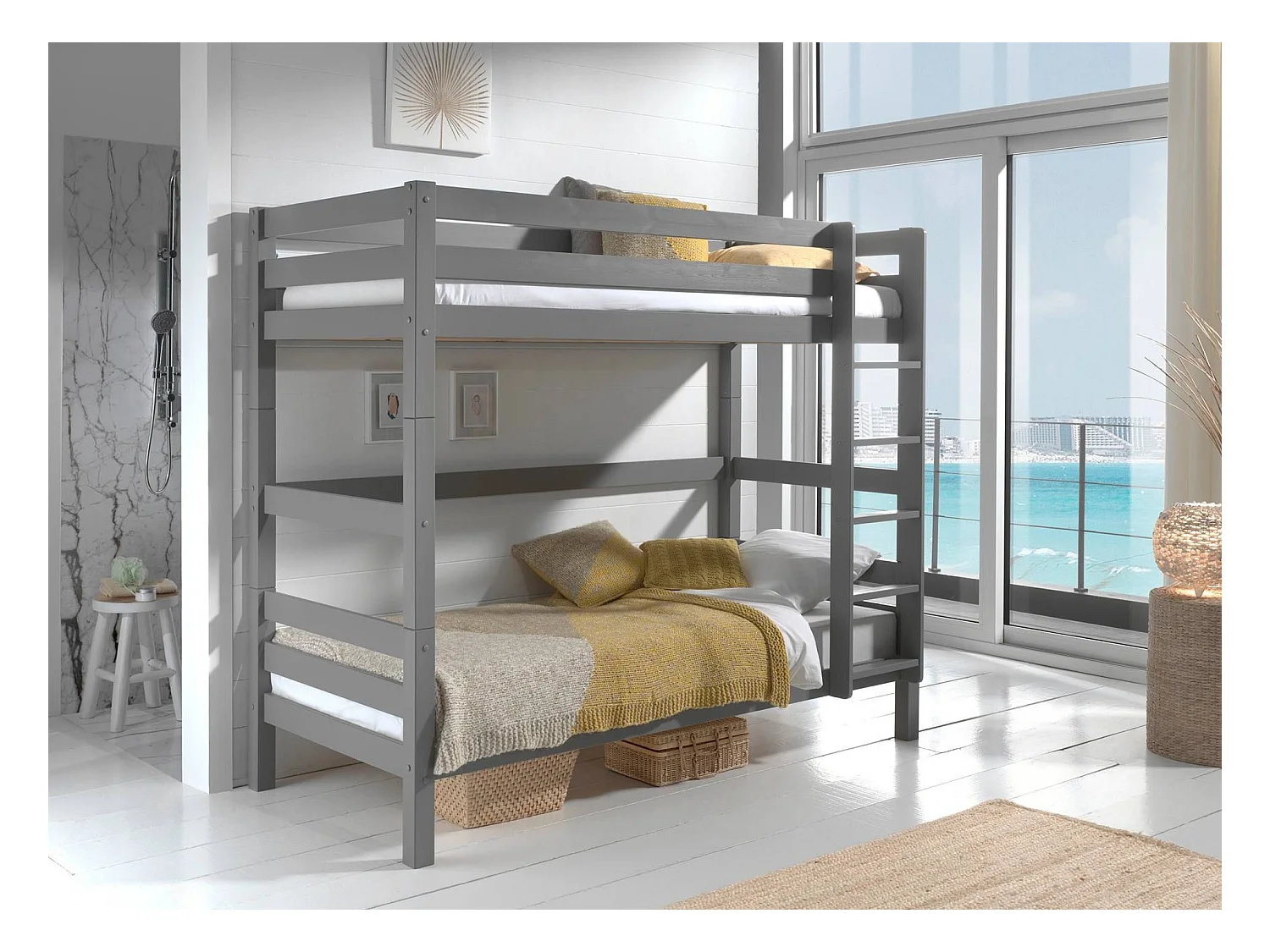 Stapelbed 90x200 cm massief grenen grijs Pino H 180 cm