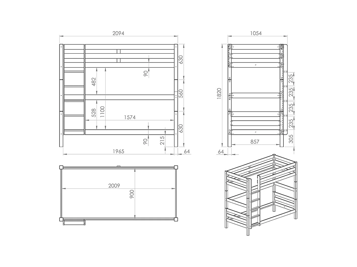 Stapelbed 90x200 cm massief grenen grijs Pino H 180 cm