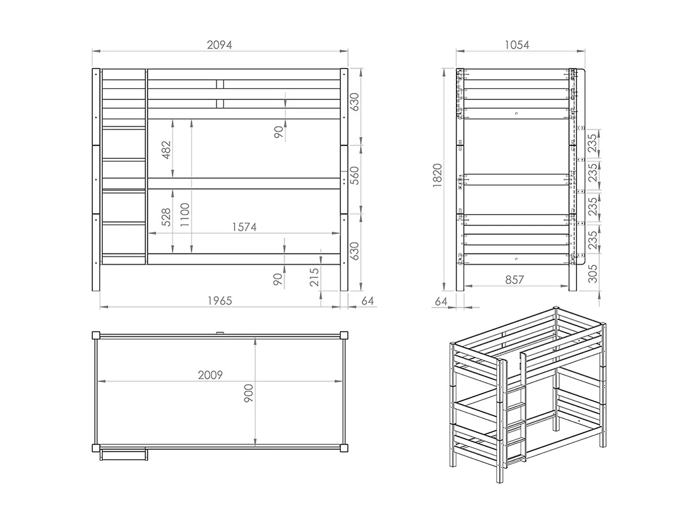 Lit Enfant Superposé Haut "Pino" 90x200cm Gris