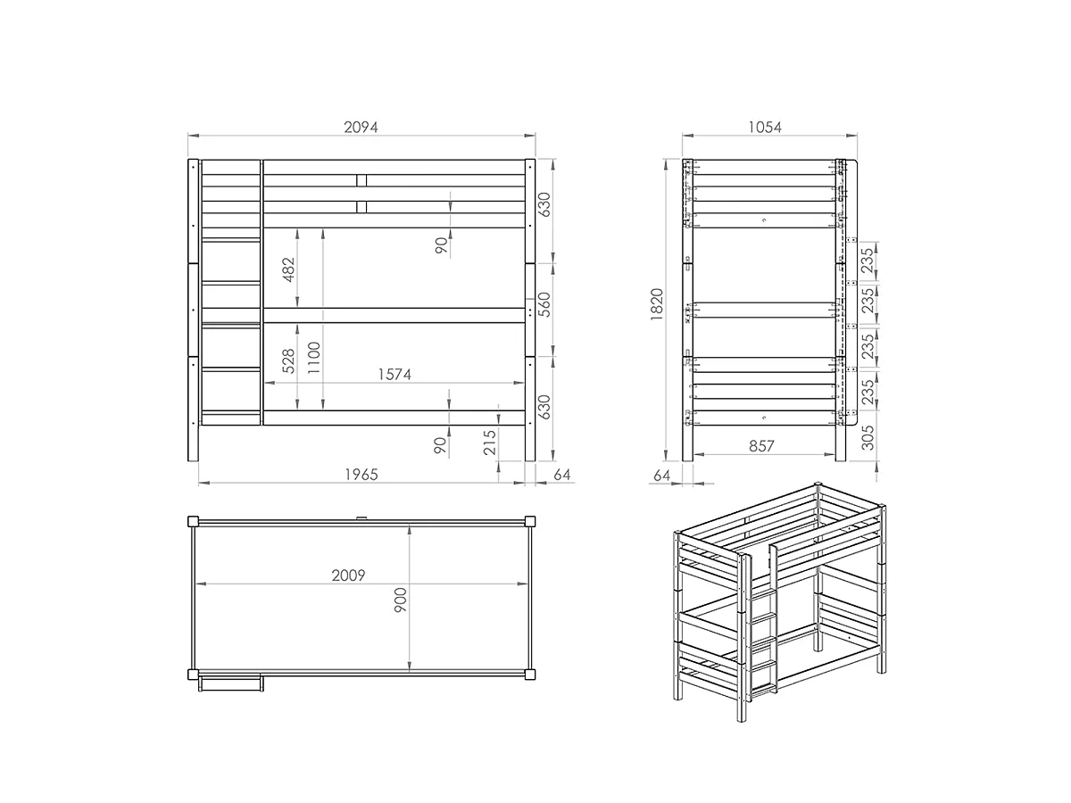 Beliche 90x200 Altura 180 cm Mola de caixa incluída Vipack Pino Cinzento