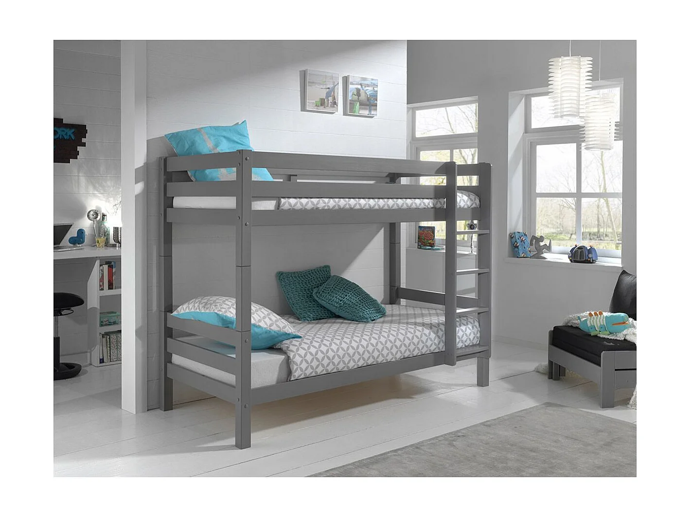 Lit Superposé Enfant Bois "Pino" 90x200cm Gris