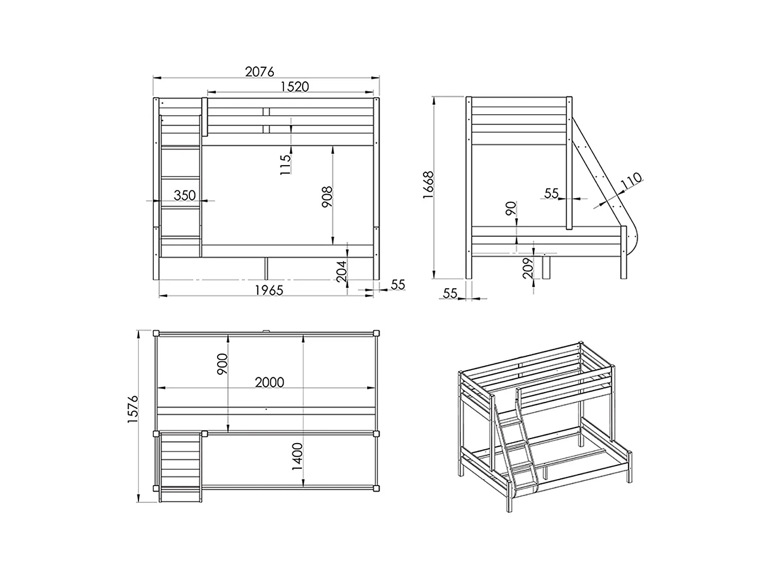 Lit Superposé Triple "Pino" 140x200cm Naturel