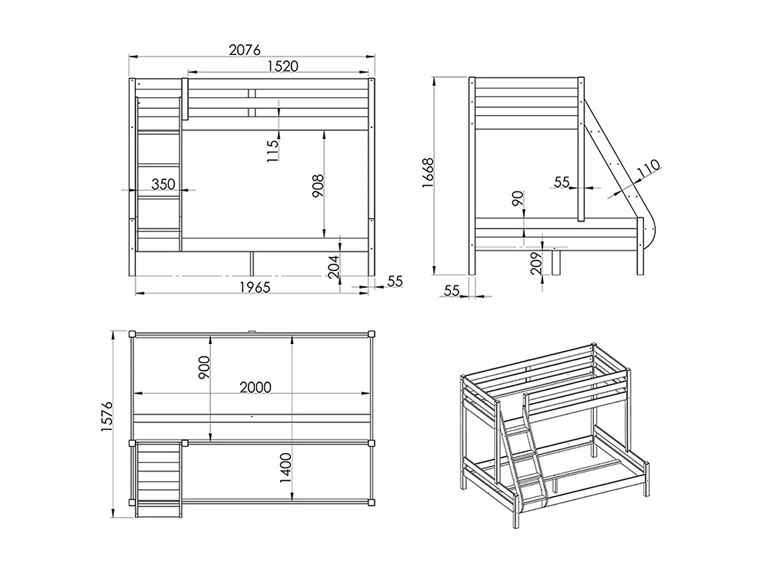 Stapelbed 90/140x200 cm licht massief grenen Pino