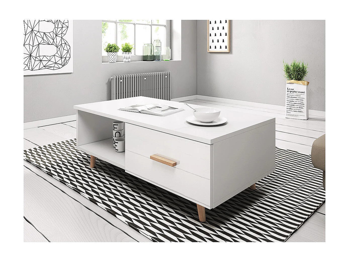 Table basse 1 tiroir 1 niche Ikar Blanc