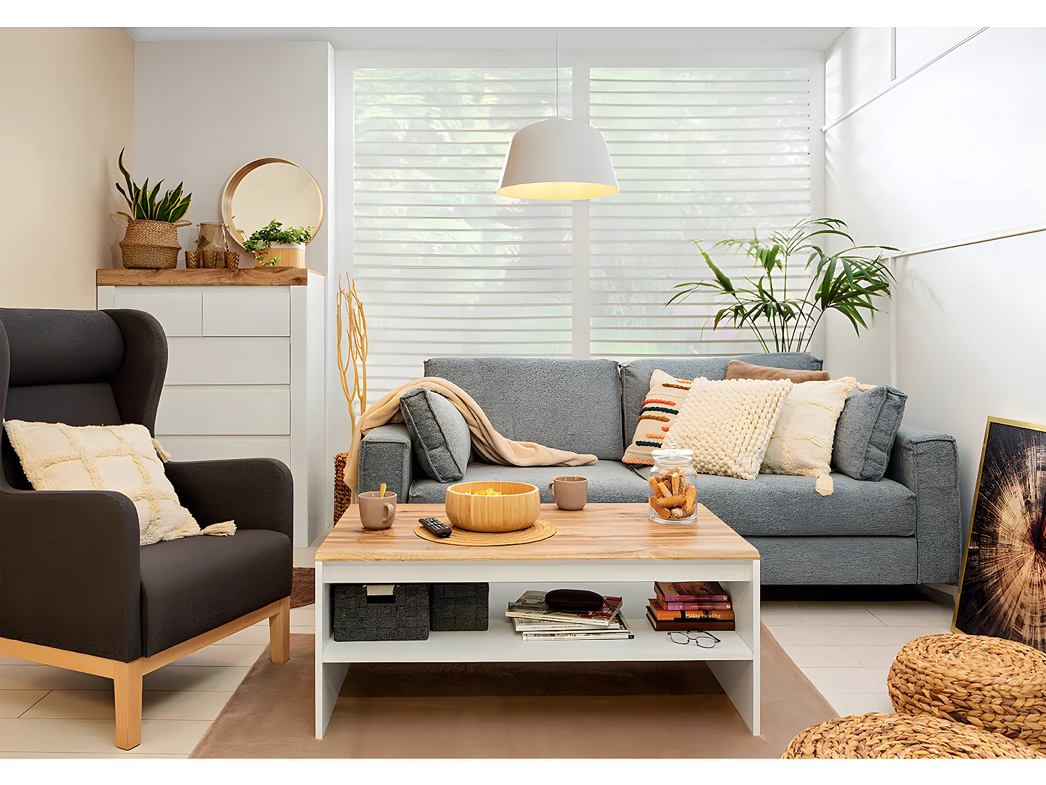 Mesa de centro Hella branco e madeira 46cm