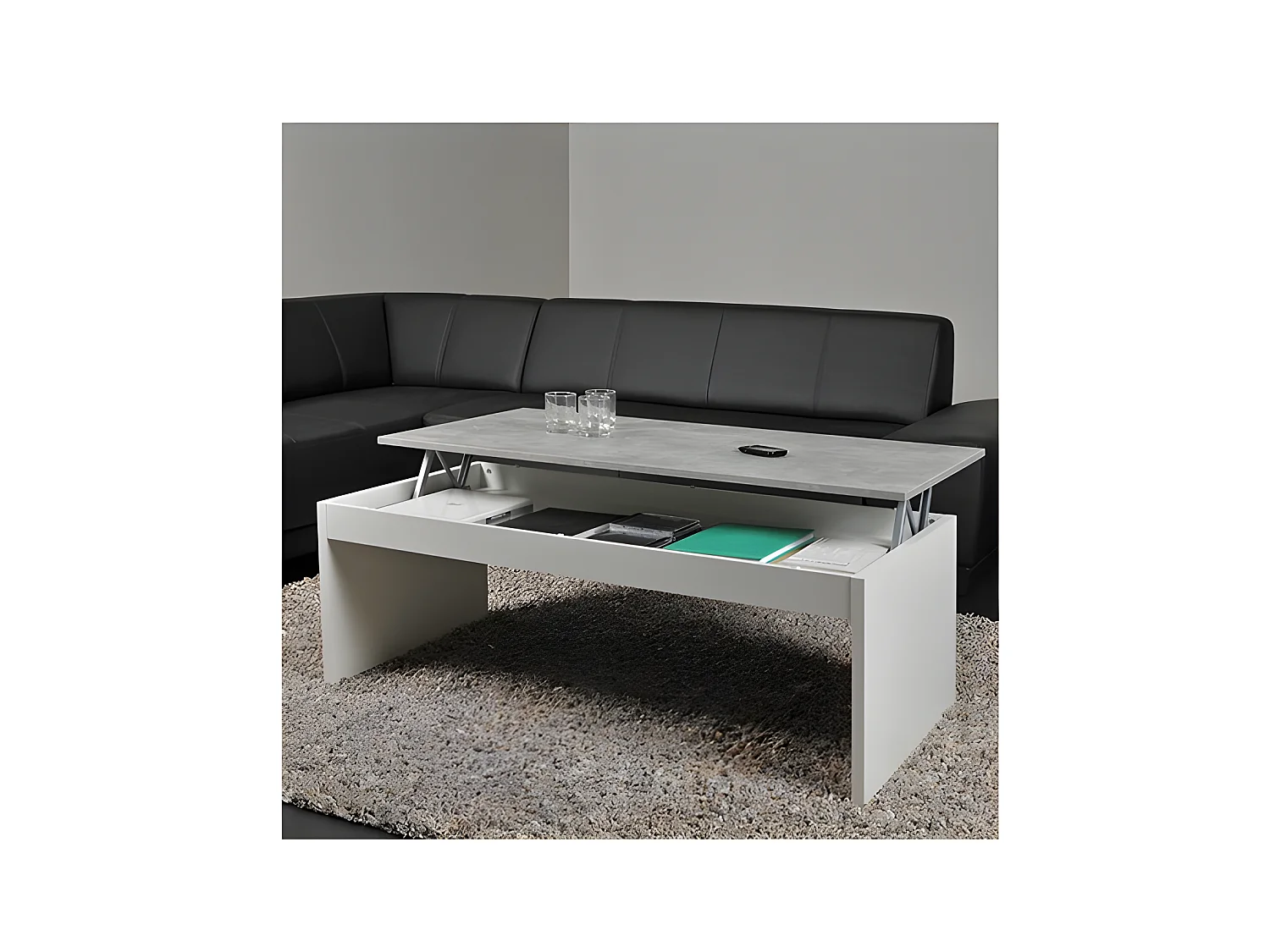 Table basse plateau relevable DARWIN 120x60cm / Blanc et Béton