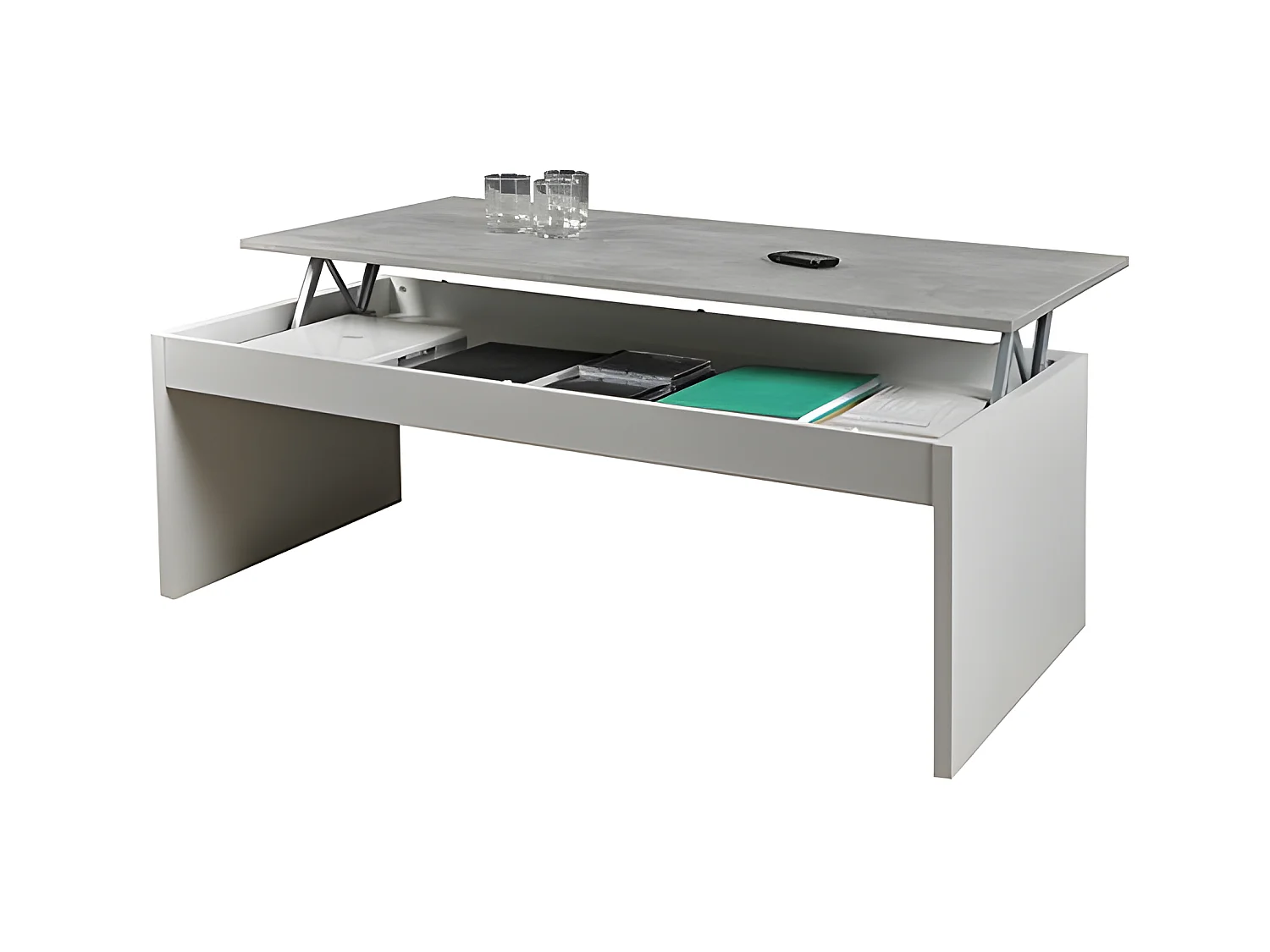 Table basse plateau relevable DARWIN 120x60cm / Blanc et Béton