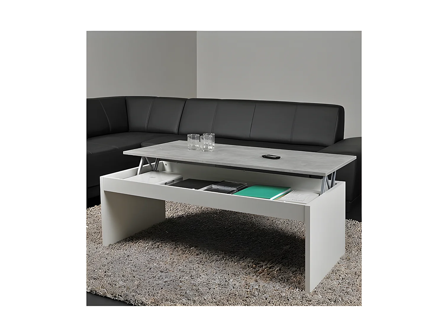 Table basse plateau relevable DARWIN 120x60cm / Blanc et Béton