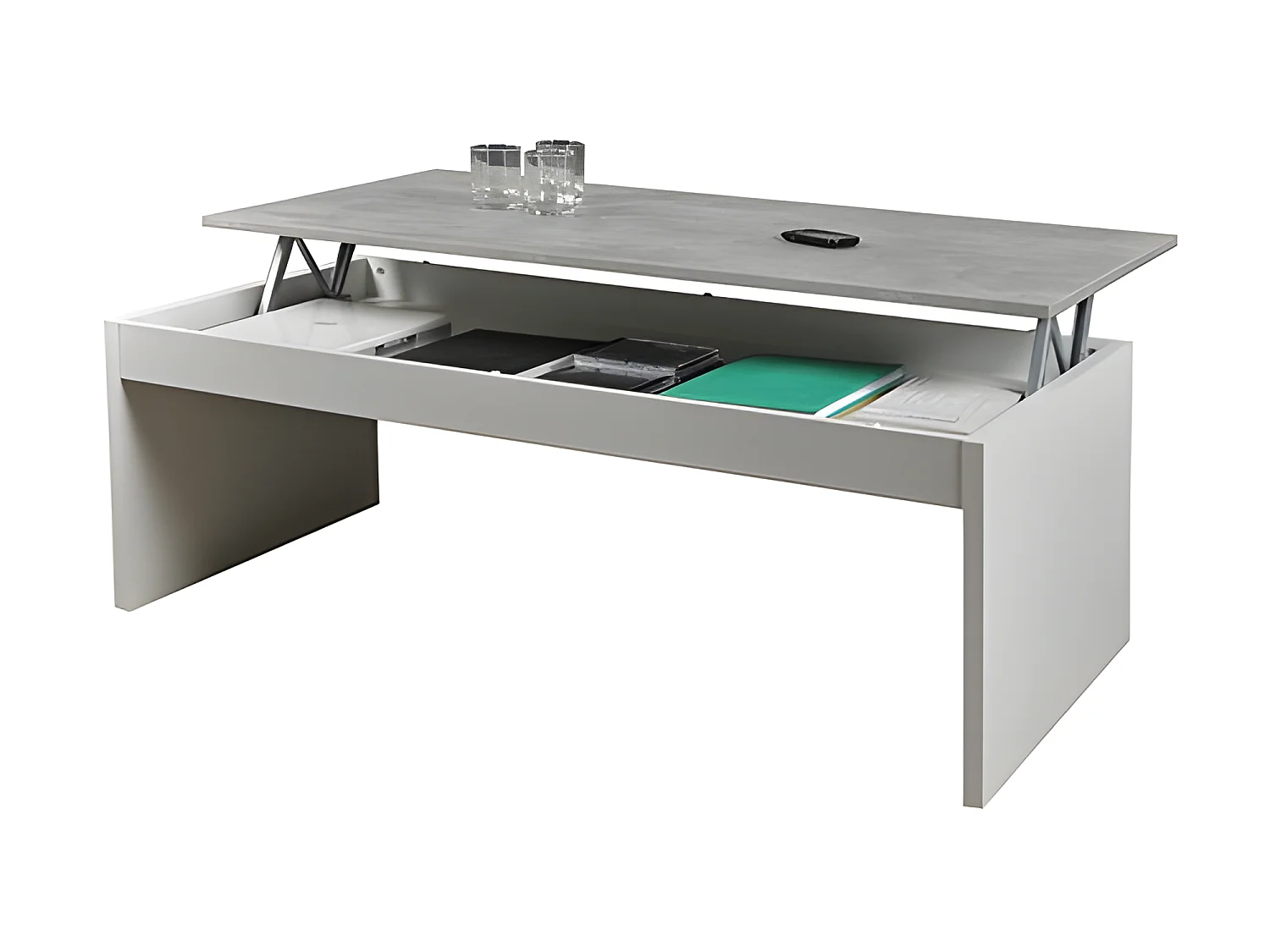 Table basse plateau relevable DARWIN 120x60cm / Blanc et Béton