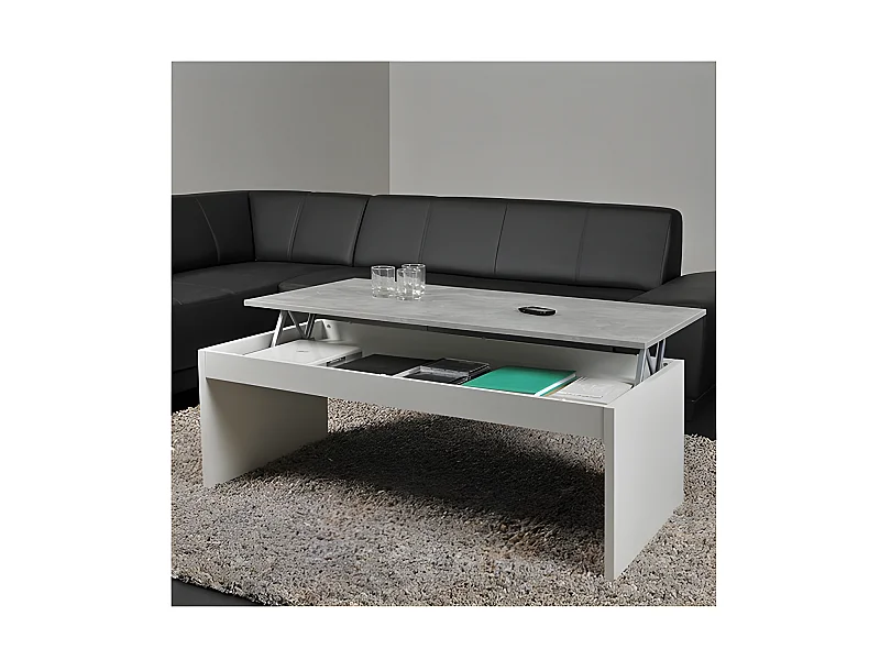 Table basse plateau relevable DARWIN 120x60cm / Blanc et Béton