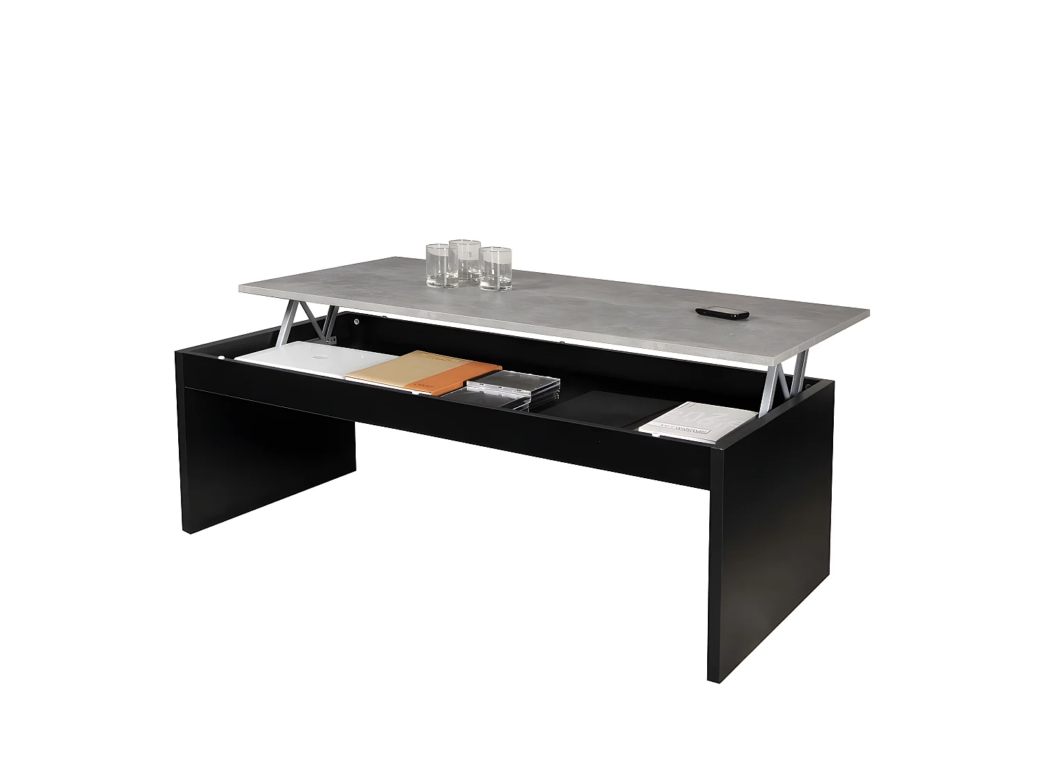 Table basse 120cm plateau relevable Darwin Noir et béton
